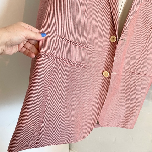John Varvatos Men’s Blazer Pinstripe Cream Red Linen Cotton Designer Luxe Sz 38 - Picture 6 of 15